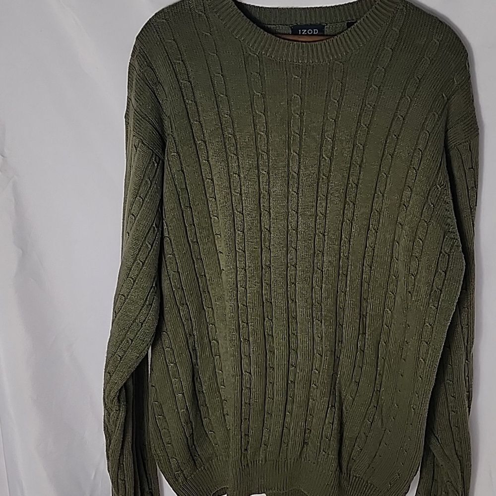 Vintage IZOD 100%Cotton Fisherman Core Cableknit Olive Green Men's Sweater L